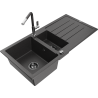 Mexen Andres 1.5-compartment granite sink with a drip tray and kitchen mixer tap Flora, spotted black - 6515-76-670401-08-B
