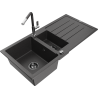 Mexen Andres granite sink 1.5-bowl with drainer and Flora kitchen faucet, black speckled - 6515-76-670401-08-B