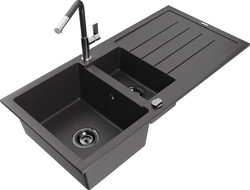Mexen Andres granite sink 1.5-bowl with drainer and Flora kitchen faucet, speckled black - 6515-76-670401-08-B