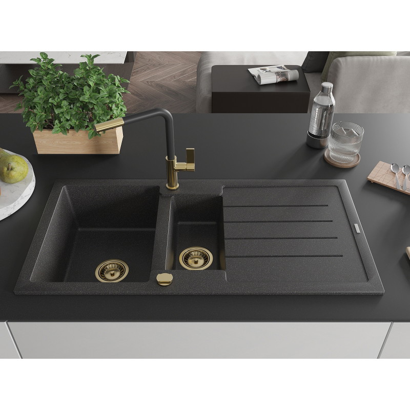 Mexen Andres granit sink 1.5-bowl with drainer and Flora kitchen faucet, black speckled - 6515-76-670401-57-G
