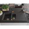 Mexen Andres granite sink 1.5-bowl with drainer and Flora kitchen tap, speckled black - 6515-76-670401-57-G