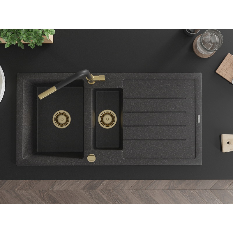 Mexen Andres granit sink 1.5-bowl with drainer and Flora kitchen faucet, black speckled - 6515-76-670401-57-G