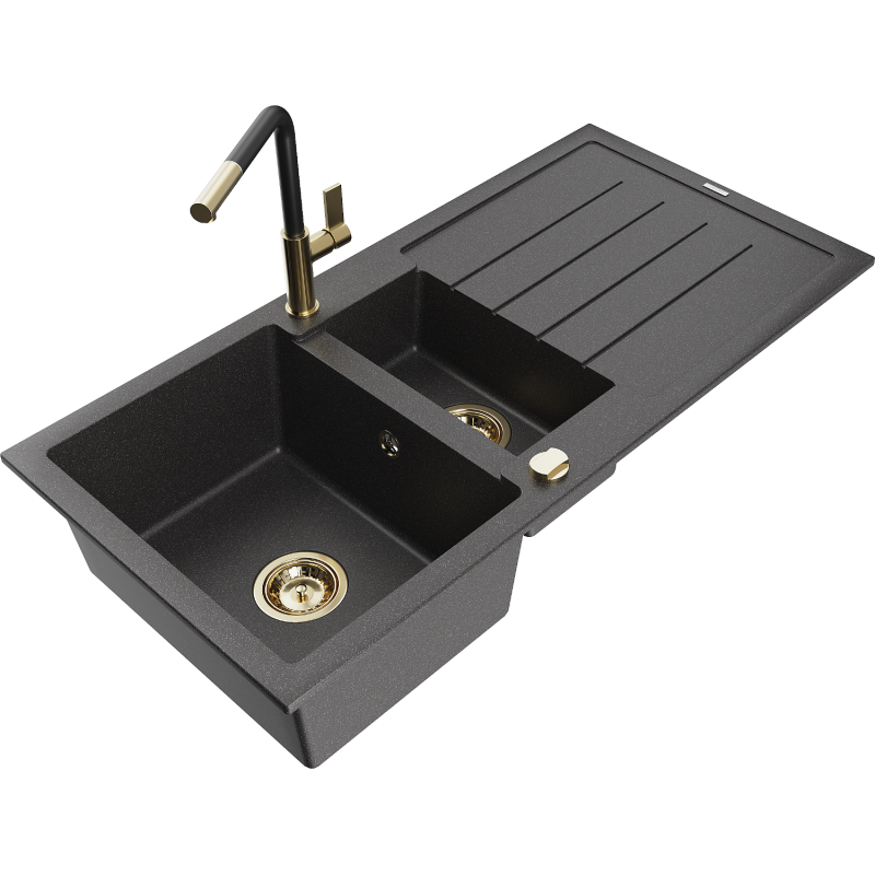 Mexen Andres 1.5-compartment granite sink with a drip tray and kitchen mixer tap Flora, spotted black - 6515-76-670401-57-G
