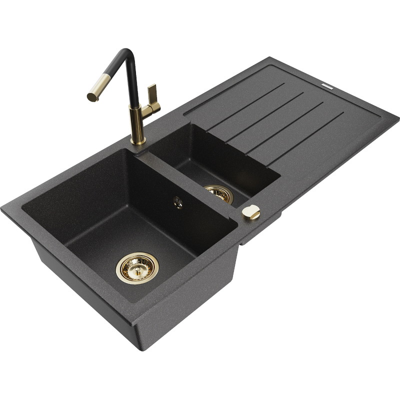 Mexen Andres granit sink 1.5-bowl with drainer and Flora kitchen faucet, black speckled - 6515-76-670401-57-G