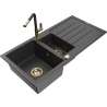 Mexen Andres granit sink 1.5-bowl with drainer and Flora kitchen faucet, black speckled - 6515-76-670401-57-G