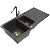 Mexen Andres granite sink 1.5-bowl with drainer and kitchen faucet Flora, black speckled - 6515-76-670401-57-G