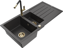 Mexen Andres granit sink 1.5-bowl with drainer and Flora kitchen faucet, black speckled - 6515-76-670401-57-G