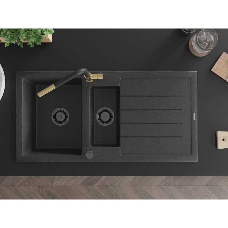 Mexen Andres granite sink 1.5-bowl with drainer and Flora kitchen faucet, black spotted - 6515-76-670401-57-B