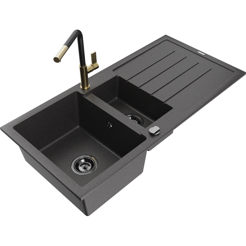 Mexen Andres 1.5-compartment granite sink with a drip tray and kitchen mixer tap Flora, spotted black - 6515-76-670401-57-B