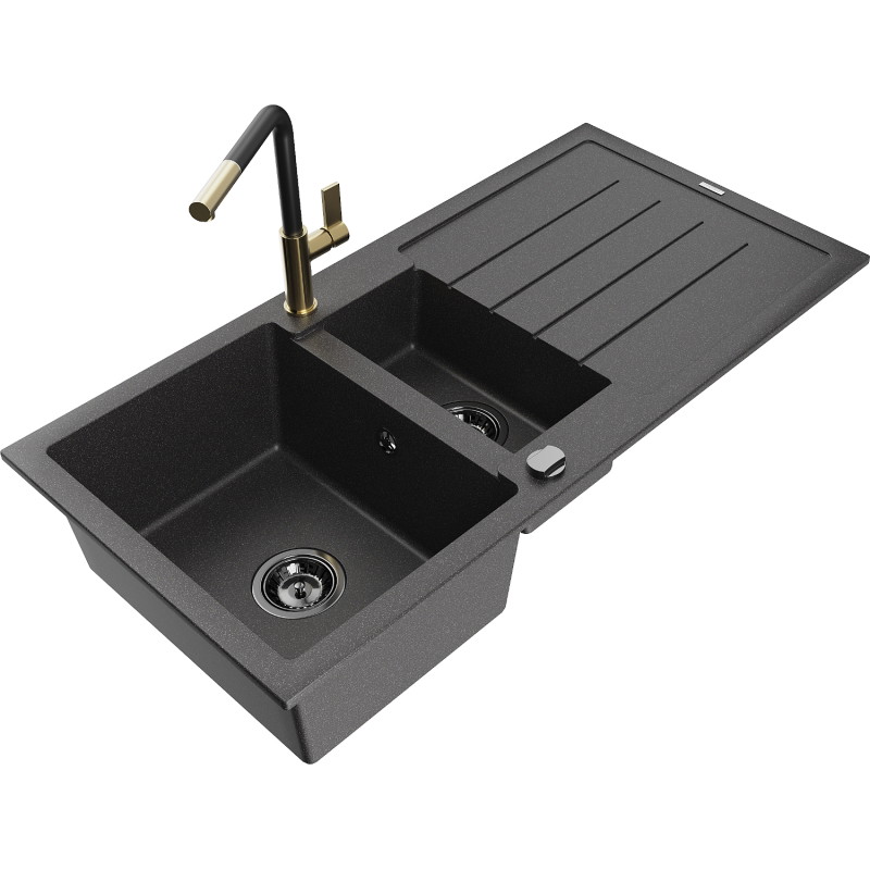 Mexen Andres granite sink 1.5-bowl with drainer and Flora kitchen faucet, black spotted - 6515-76-670401-57-B