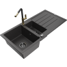 Mexen Andres 1.5-bowl granite sink with drainer and Flora kitchen faucet, speckled black - 6515-76-670401-57-B