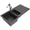 Mexen Andres granite sink 1.5-bowl with drainer and Flora kitchen faucet, black spotted - 6515-76-670401-57-B