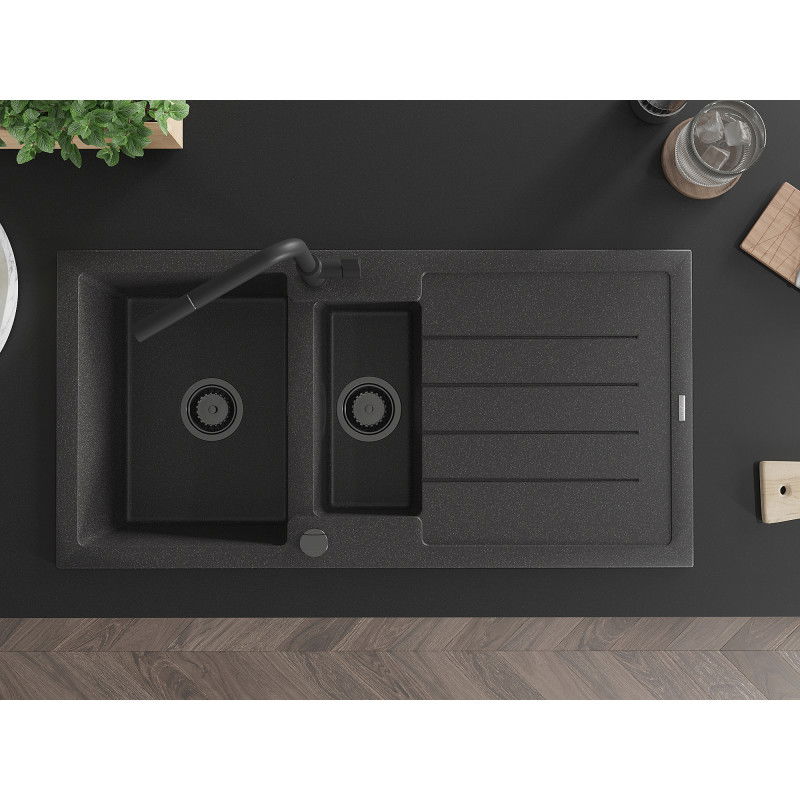Mexen Andres granite 1.5-bowl sink with drainer and Flora kitchen tap, black speckled - 6515-76-670401-70-B