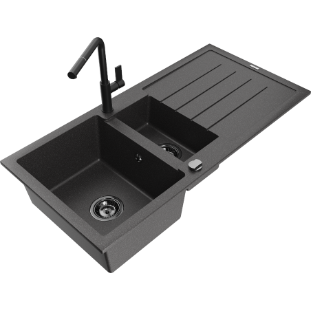 Mexen Andres granite 1.5-bowl sink with drainer and Flora kitchen tap, black speckled - 6515-76-670401-70-B