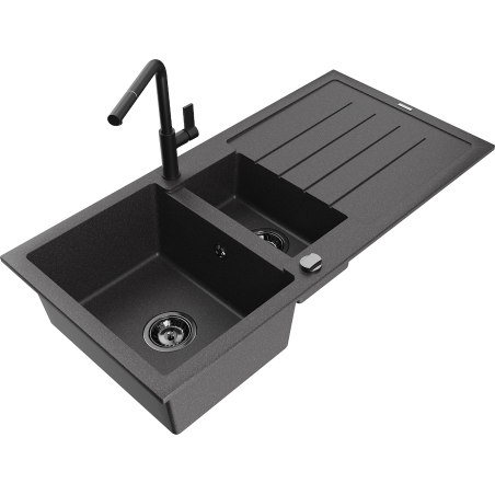 Mexen Andres granite kitchen sink 1.5-bowl with drainer and Flora kitchen faucet, black speckled - 6515-76-670401-70-B