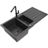 Mexen Andres granite 1.5-bowl sink with drainer and Flora kitchen tap, black speckled - 6515-76-670401-70-B