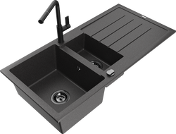 Mexen Andres granite kitchen sink 1.5-bowl with drainer and Flora kitchen faucet, black speckled - 6515-76-670401-70-B