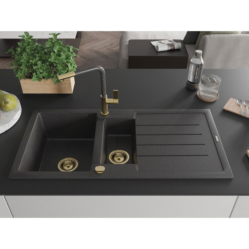 Mexen Andres granite sink 1.5-bowl with drainer and Flora kitchen tap, black speckled - 6515-76-670401-75-G