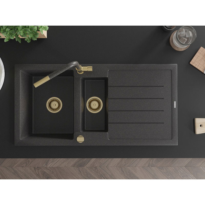 Mexen Andres granite sink 1.5-bowl with drainer and Flora kitchen tap, black speckled - 6515-76-670401-75-G