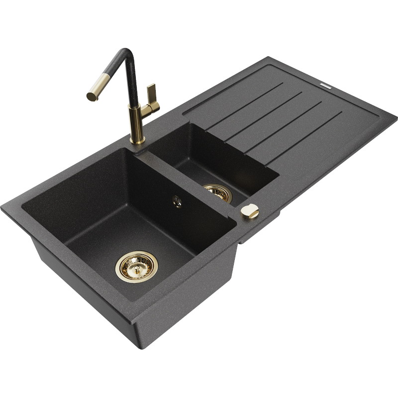 Mexen Andres granite sink 1.5-bowl with drainer and Flora kitchen faucet, black speckled - 6515-76-670401-75-G