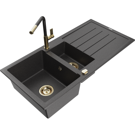 Mexen Andres granite sink 1.5-bowl with drainer and Flora kitchen faucet, black speckled - 6515-76-670401-75-G