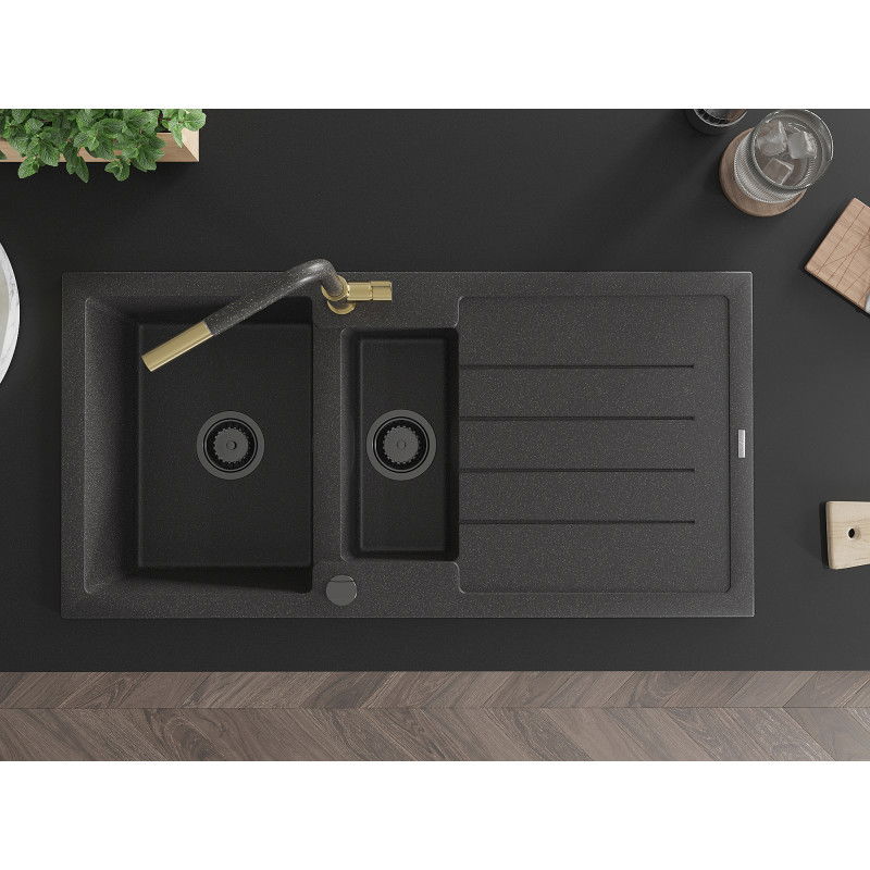 Mexen Andres granite sink 1.5-bowl with drainer and kitchen tap Flora, speckled black - 6515-76-670401-75-B