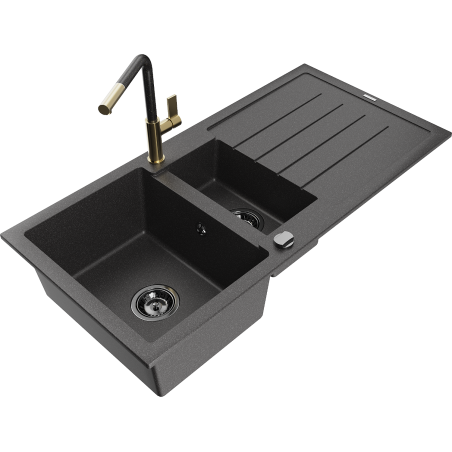 Mexen Andres granite sink 1.5-bowl with drainer and Flora kitchen faucet, black speckled - 6515-76-670401-75-B