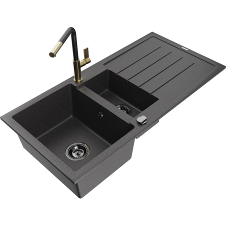 Mexen Andres granite sink 1.5-bowl with drainer and Flora kitchen faucet, speckled black - 6515-76-670401-75-B