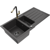 Mexen Andres granite sink 1.5-bowl with drainer and Flora kitchen faucet, black speckled - 6515-76-670401-75-B
