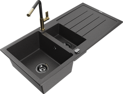 Mexen Andres granite sink 1.5-bowl with drainer and Flora kitchen faucet, black speckled - 6515-76-670401-75-B