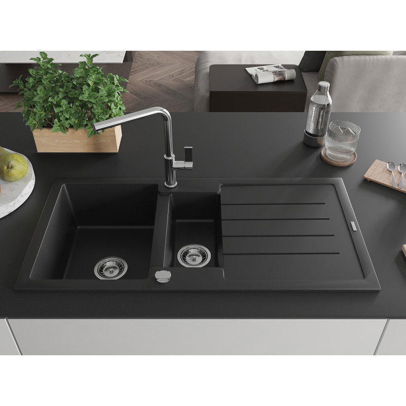 Mexen Andres 1.5-bowl Granite Sink with Drainer and Flora Kitchen Tap, Black - 6515-77-670401-00