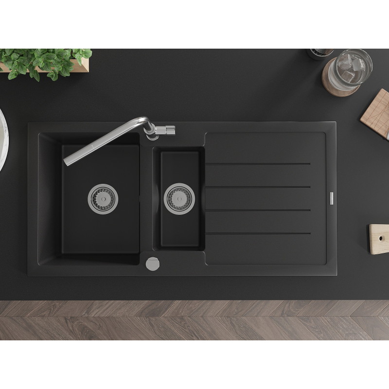 Mexen Andres granite sink 1.5-bowl with drainer and Flora kitchen faucet, black - 6515-77-670401-00