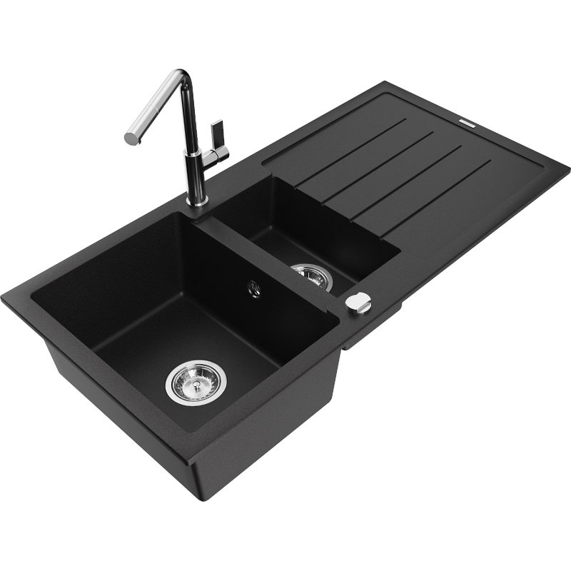 Mexen Andres 1.5-bowl Granite Sink with Drainer and Flora Kitchen Tap, Black - 6515-77-670401-00