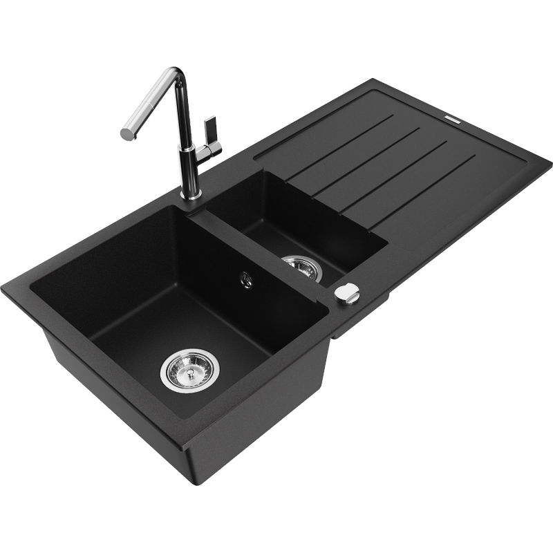 Mexen Andres 1.5-compartment granite sink with a drip tray and kitchen mixer tap Flora, Black - 6515-77-670401-00