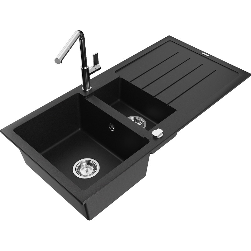 Mexen Andres granite sink 1.5-bowl with drainer and Flora kitchen faucet, black - 6515-77-670401-00