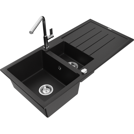 Mexen Andres granite sink 1.5-bowl with drainer and Flora kitchen faucet, black - 6515-77-670401-00