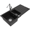 Mexen Andres granite sink 1.5-bowl with drainer and Flora kitchen faucet, black - 6515-77-670401-00