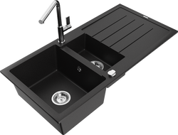 Mexen Andres granite sink 1.5-bowl with drainer and Flora kitchen faucet, black - 6515-77-670401-00