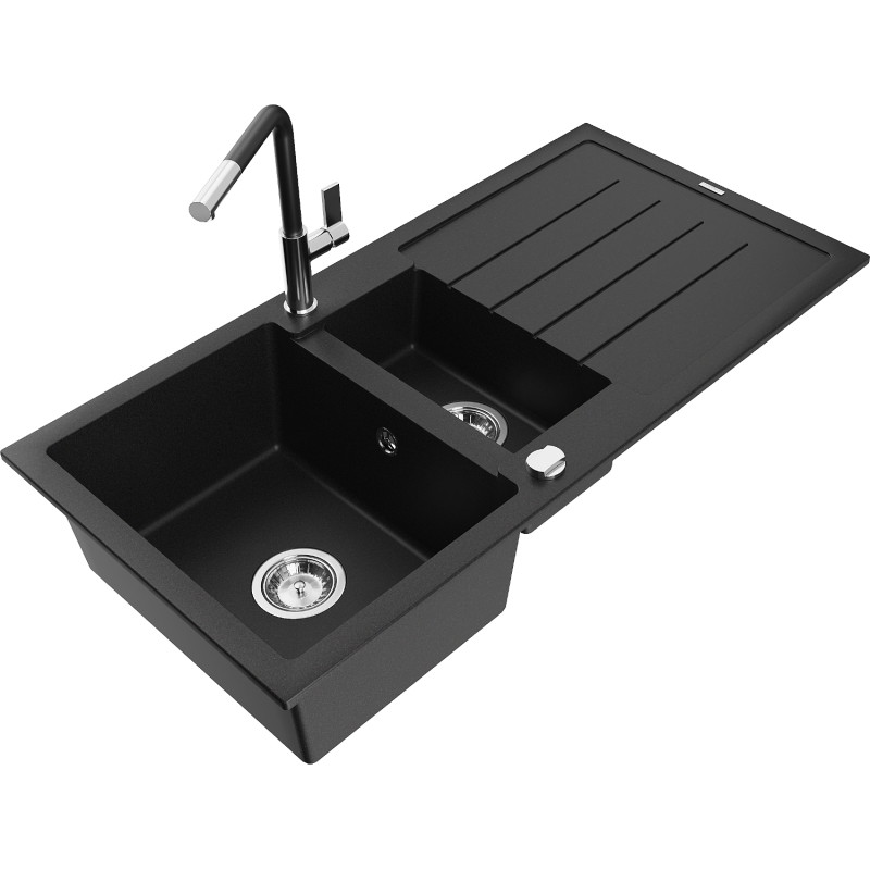 Mexen Andres 1.5-bowl granite sink with drainer and Flora kitchen faucet, black - 6515-77-670401-07