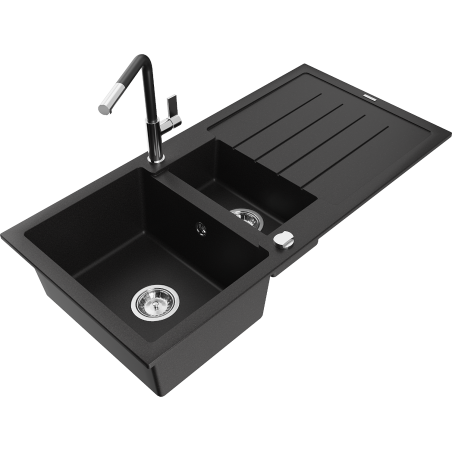 Mexen Andres 1.5-compartment granite sink with a drip tray and kitchen mixer tap Flora, Black - 6515-77-670401-07