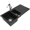 Mexen Andres 1.5-bowl granite sink with drainer and Flora kitchen faucet, black - 6515-77-670401-07
