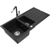 Mexen Andres granite sink 1.5-bowl with drainer and Flora kitchen faucet, black - 6515-77-670401-07