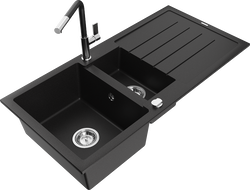 Mexen Andres 1.5-bowl granite sink with drainer and Flora kitchen faucet, black - 6515-77-670401-07