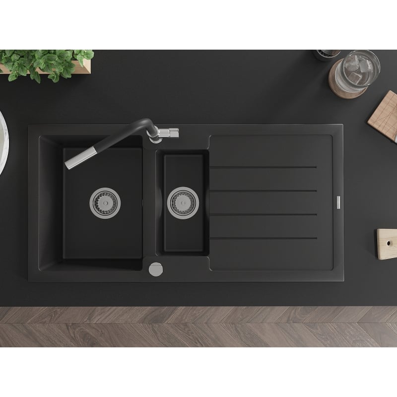 Mexen Andres 1.5-bowl granite sink with drainer and Flora kitchen faucet, black - 6515-77-670401-07