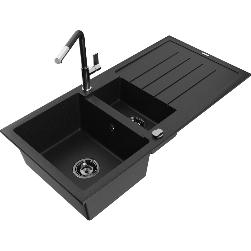Mexen Andres 1.5-compartment granite sink with a drip tray and kitchen mixer tap Flora, Black - 6515-77-670401-07-B