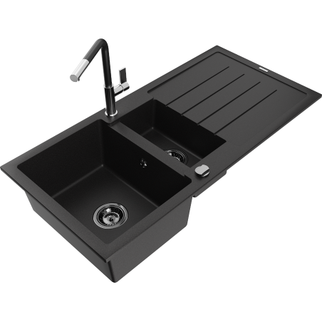 Mexen Andres 1.5-compartment granite sink with a drip tray and kitchen mixer tap Flora, Black - 6515-77-670401-07-B