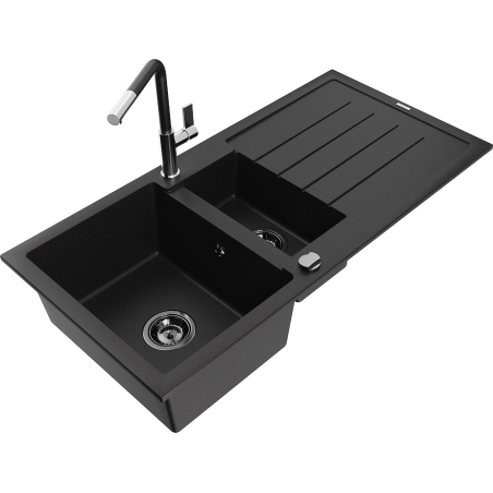Mexen Andres granite sink 1.5-bowl with drainer and Flora kitchen faucet, black - 6515-77-670401-07-B