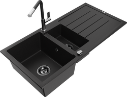 Mexen Andres granite sink 1.5-bowl with drainer and Flora kitchen faucet, black - 6515-77-670401-07-B
