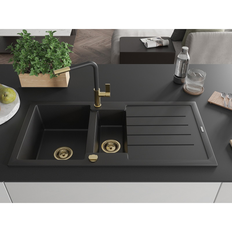 Mexen Andres 1.5-bowl granite sink with drainer and Flora kitchen faucet, black - 6515-77-670401-57-G