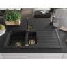 Mexen Andres granite sink 1.5-bowl with drainer and Flora kitchen tap, black - 6515-77-670401-57-G